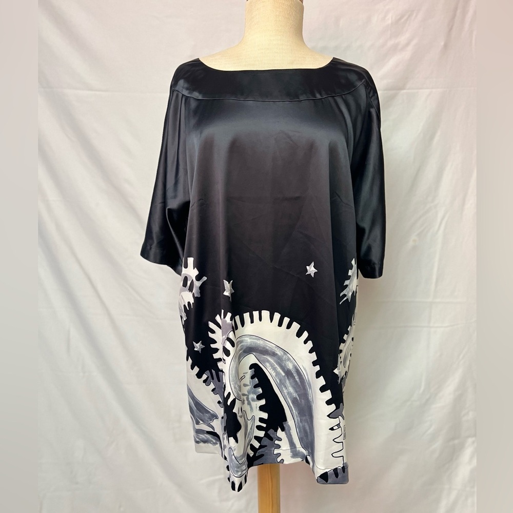 Black Satin Gear-Print Tunic Top